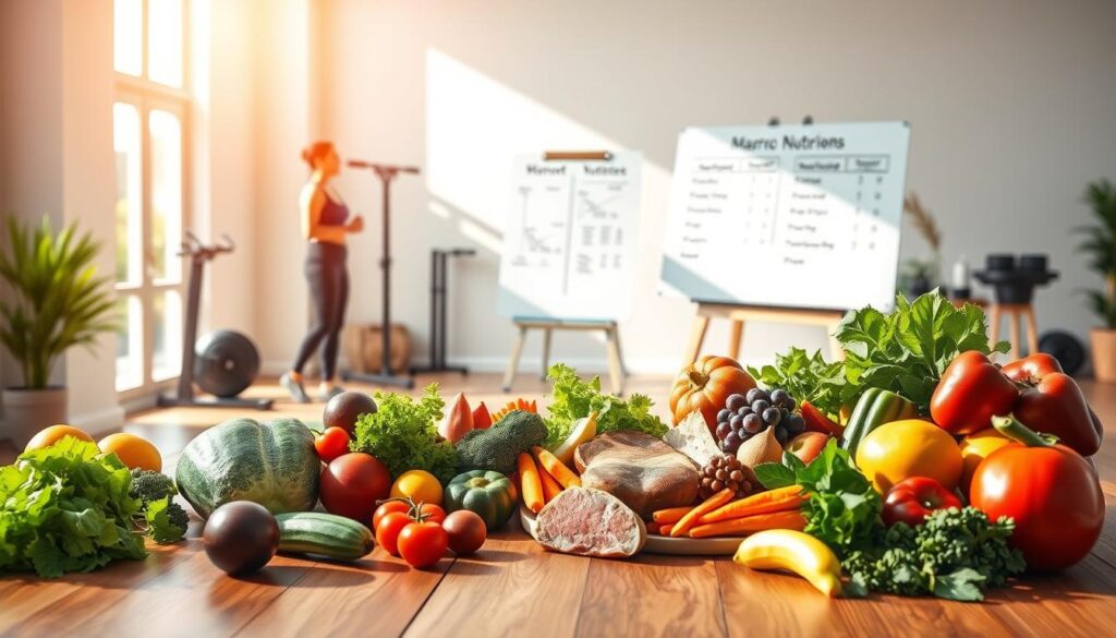 A vibrant illustration of nutrition strategies for weight loss. In the foreground, an array of fresh, colorful vegetables, fruits, and lean proteins artfully arranged on a wooden table, evoked through a warm, natural lighting. In the middle ground, a person in activewear standing beside a whiteboard displaying a balanced meal plan and macronutrient ratios, surrounded by fitness equipment. The background depicts a serene, minimalist home gym setting, with large windows allowing natural light to stream in, creating a sense of wellness and calm. The overall scene conveys a holistic, sustainable approach to weight loss through mindful nutrition and an active lifestyle.