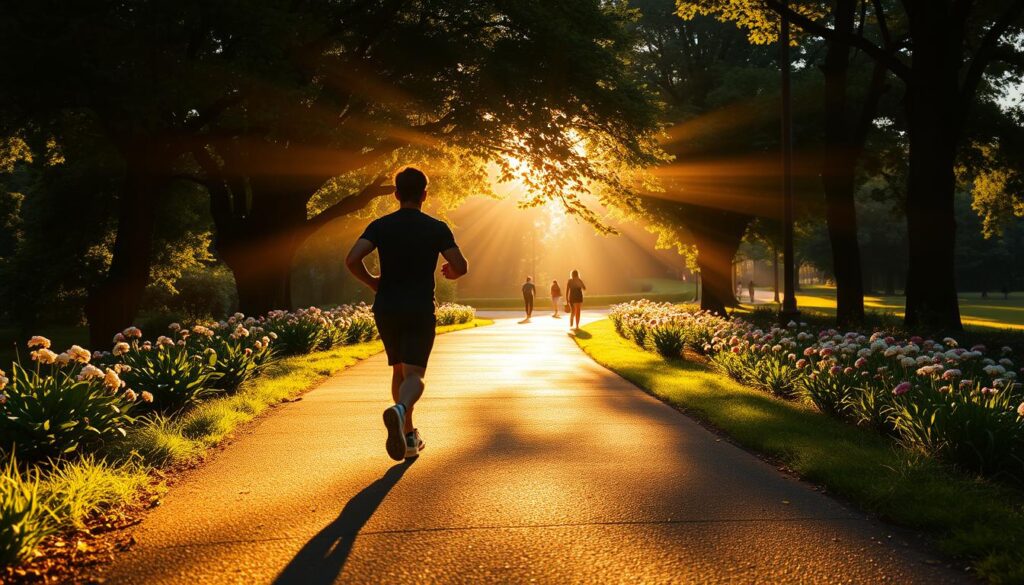 A vibrant, sun-dappled park scene. In the foreground, a person strides purposefully, their silhouette casting a long shadow across the path. Lush greenery and blooming flowers line the middle ground, creating a tranquil, natural backdrop. Beams of warm light filter through the canopy of trees, casting a golden glow over the entire scene. The person's face is obscured, but their body language conveys a sense of energy and vitality. In the distance, other walkers can be seen, reinforcing the idea of the health benefits of this simple, everyday activity. The overall atmosphere is one of serenity, wellness, and the restorative power of nature.