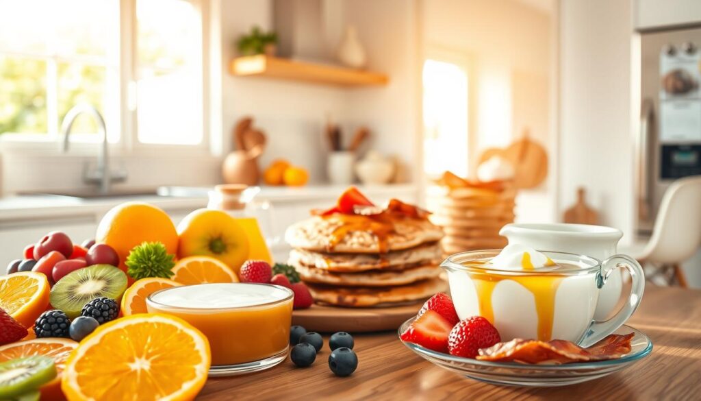 A vibrant, sun-drenched kitchen scene featuring an assortment of nourishing breakfast options. In the foreground, a wooden table is laden with a variety of fresh fruits, such as sliced oranges, kiwi, and berries, alongside a bowl of creamy Greek yogurt drizzled with honey. In the middle ground, a stack of whole-grain pancakes is accompanied by a pitcher of maple syrup and a plate of crispy bacon. In the background, a large window floods the space with warm, natural light, casting a soft glow on the scene. The overall atmosphere is one of health, vitality, and the promise of a fulfilling day ahead.