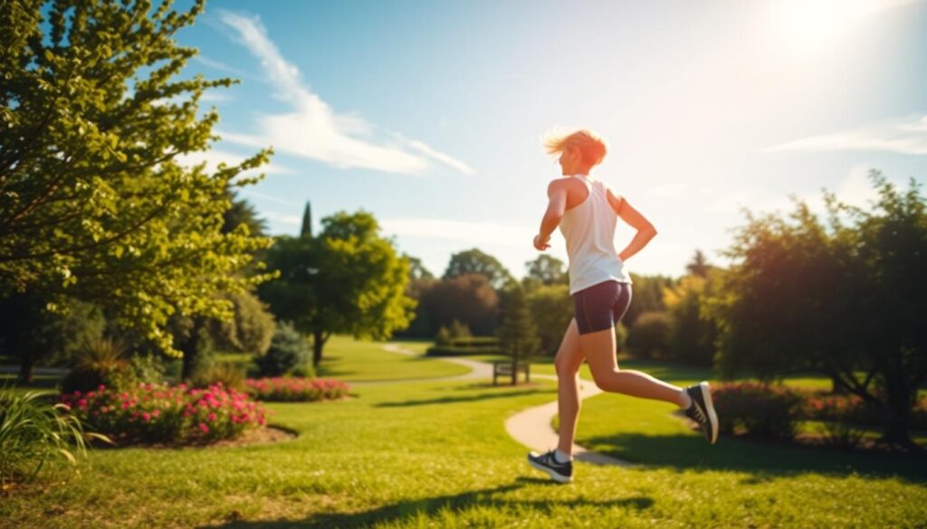 A vibrant, sun-drenched outdoor scene. In the foreground, a person strides energetically, their stride long and purposeful. Their posture is upright, shoulders back, and they wear comfortable, breathable athletic attire. In the middle ground, a lush, verdant park or garden setting, with trees, flowers, and a winding path leading the eye deeper into the scene. The background features a clear, blue sky with a few wispy clouds, creating a sense of openness and freedom. The lighting is natural and warm, casting a golden glow over the entire composition. The overall mood is one of vitality, wellness, and the joy of movement.
