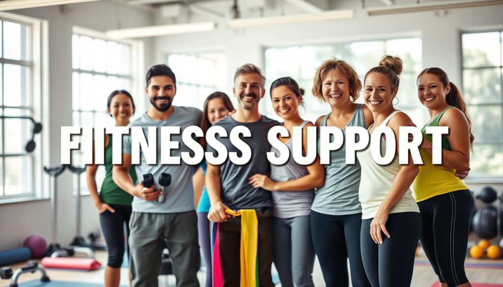 A vibrant, well-lit image of a fitness support system. In the foreground, a group of people standing together, smiling and supporting each other through their fitness journey. In the middle ground, a mix of fitness equipment like dumbbells, resistance bands, and yoga mats, symbolizing the tools they use to stay motivated and on track. The background features a bright, airy gym setting with large windows letting in natural light, creating a positive and energetic atmosphere. The overall scene conveys a sense of community, camaraderie, and a shared commitment to health and wellness.