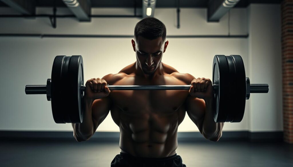 A well-lit, high-contrast photograph of a muscular person performing a barbell deadlift in a modern, minimalist gym. The subject's face is partially obscured, emphasizing the intense focus and effort of the exercise. The background is clean and uncluttered, with subtle industrial elements like exposed beams or brick walls to provide a sense of strength and power. Crisp, dramatic lighting from the side creates deep shadows and highlights the defined musculature of the subject. The image conveys the idea of strength, determination, and the transformative potential of a dedicated strength training regimen.