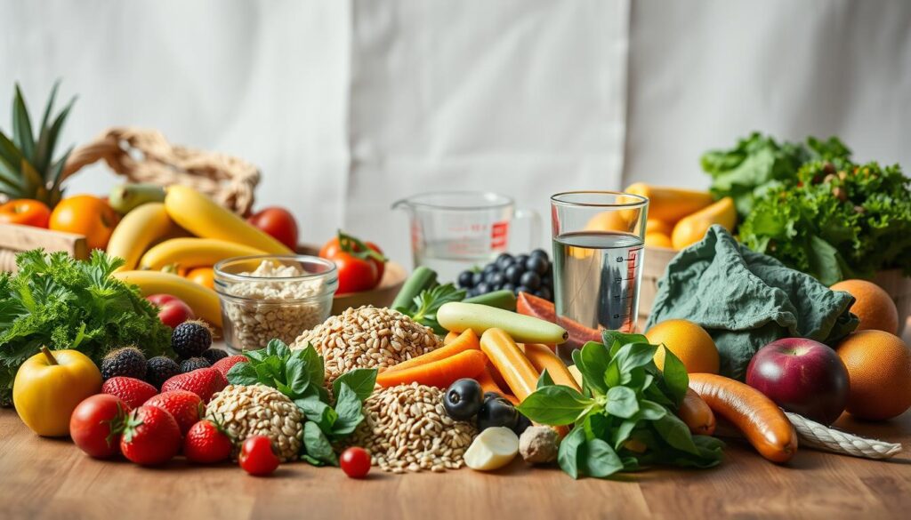 A well-lit, high-resolution photograph of a balanced, diverse, and nutritious eating plan. The foreground features a colorful selection of fresh fruits, vegetables, whole grains, lean proteins, and healthy fats artfully arranged on a wooden table. The middle ground showcases a glass of water and a measuring cup, suggesting portion control and hydration. The background has a minimal, clean design with natural textures like linen or wood, creating a calm and inviting atmosphere. The lighting is soft and diffused, accentuating the natural colors and textures of the food items. The overall composition conveys a sense of balance, harmony, and a wholesome approach to healthy eating.