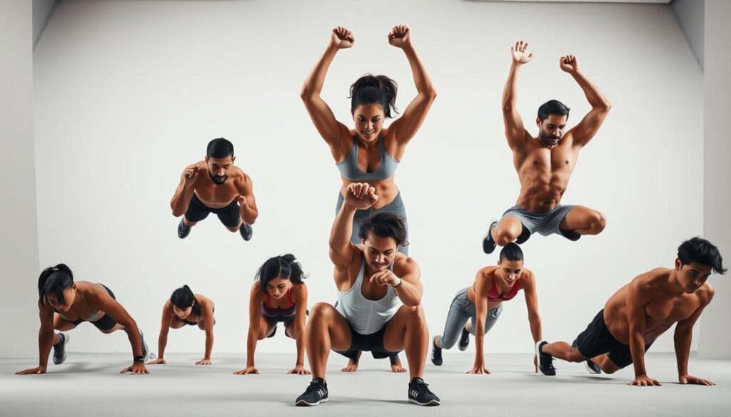 A well-lit, high-resolution studio photograph of a diverse group of people performing a variety of challenging bodyweight exercises, such as push-ups, squats, lunges, planks, and burpees, against a clean, minimalist backdrop. The subjects should demonstrate proper form and focused intensity, creating a sense of dynamic motion and physical empowerment. The lighting should be bright and evenly distributed, emphasizing the sculpted musculature of the participants. The camera angle should be at eye level, creating a sense of engagement and accessibility for the viewer. The overall composition should be balanced and visually striking, highlighting the effectiveness of bodyweight training for maximizing calorie burn and weight loss.