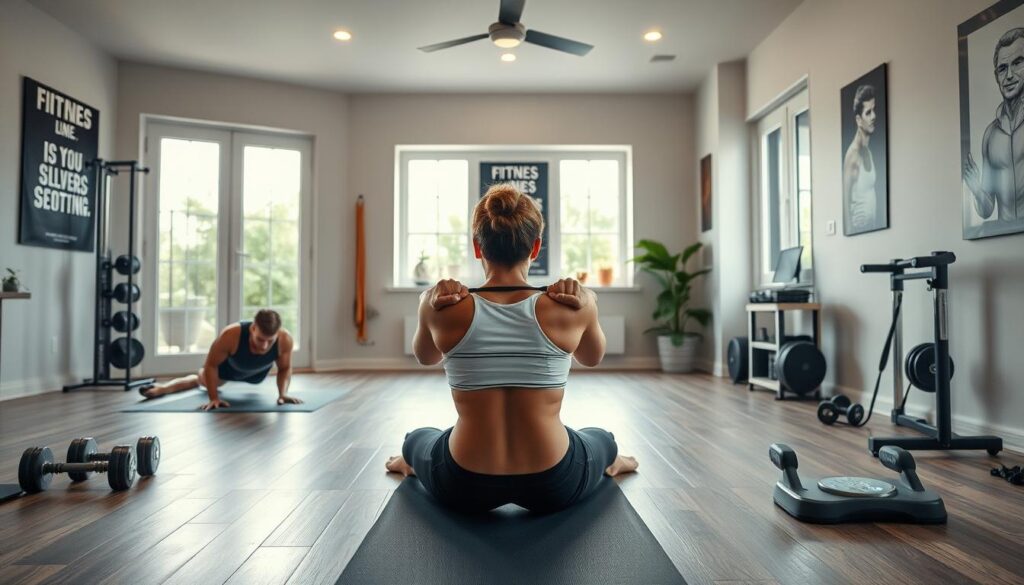 A well-lit home gym setting with a person performing various fitness tests and assessments. In the foreground, the person is doing push-ups, squats, and core exercises on a yoga mat. In the middle ground, there are dumbbells, resistance bands, and a scale for weight measurement. The background features large windows letting in natural light, and the walls are decorated with motivational fitness posters. The scene conveys a sense of determination and an active, healthy lifestyle.