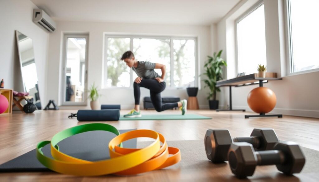 A well-lit home gym with a variety of exercise equipment in the foreground, including a yoga mat, resistance bands, and a set of dumbbells. In the middle ground, a person performing a series of quick and effective exercises, such as lunges, pushups, and squats. The background features a clean, modern interior with large windows, allowing natural light to fill the space, creating a bright and energetic atmosphere. The overall scene conveys a sense of efficiency and practicality, perfectly suited for busy individuals seeking a quick and effective workout routine.