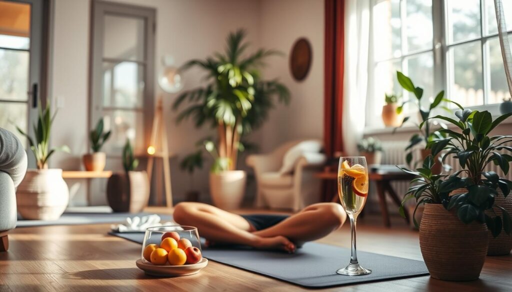 A well-lit home interior with a cozy, relaxing atmosphere. In the foreground, a person is sitting cross-legged on a yoga mat, performing a detoxifying breathing exercise. They are surrounded by natural elements like potted plants, a bowl of fresh fruits, and a glass of infused water, creating a serene and rejuvenating setting. The lighting is warm and soft, with a mixture of natural sunlight filtering through the windows and subtle ambient lighting. The camera angle is slightly elevated, providing a slightly bird's-eye view of the scene, emphasizing the sense of calm and introspection. The overall mood is one of mindfulness, self-care, and a healthy, holistic approach to wellness.