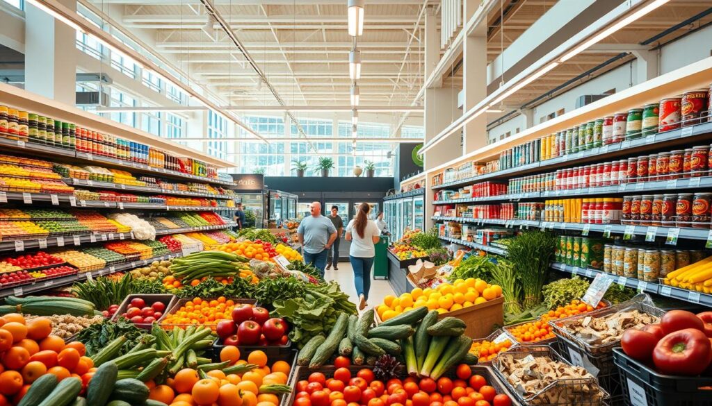 A well-lit, spacious grocery store with a warm, inviting atmosphere. The foreground features a diverse array of fresh produce, from vibrant fruits and vegetables to neatly arranged shelves of canned goods and pantry staples. In the middle ground, shoppers navigate the aisles, selecting items with care and efficiency. The background showcases the store's clean, modern design, with high ceilings, large windows, and a sense of openness. The lighting is soft and natural, casting a gentle glow over the scene. The overall mood is one of organization, abundance, and the promise of a balanced, nourishing meal plan.