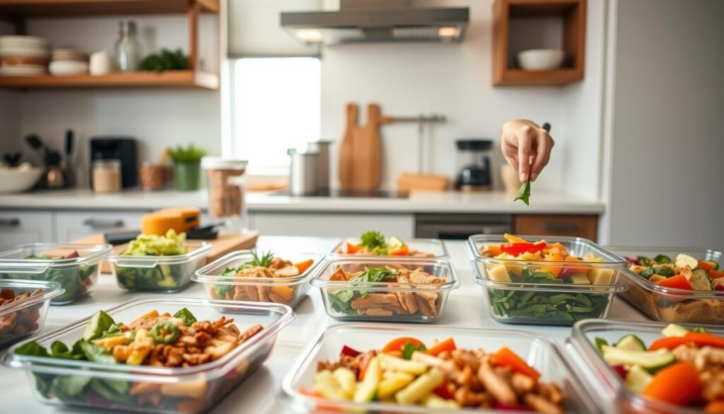 Meal prep techniques: A well-lit kitchen counter with assorted containers, chopping boards, and cooking utensils arranged neatly. In the foreground, hands expertly dicing vegetables, portioning ingredients into the containers. The middle ground showcases a variety of prepped meals, each with a balanced mix of proteins, carbohydrates, and greens. In the background, a clean, minimalist space with natural lighting, evoking a sense of organization and efficiency. The overall atmosphere is calm, focused, and purposeful, capturing the essence of meal prep as a time-saving, health-conscious practice.