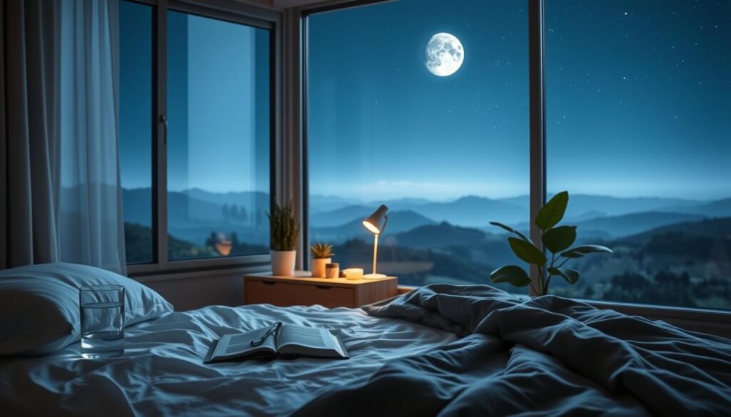 Prompt A serene bedroom scene, softly lit by moonlight streaming through a window. In the foreground, a comfortable bed with crisp white sheets and a plush gray comforter. On the bedside table, a glass of water and a book. In the middle ground, a minimalist wooden nightstand and a lush, leafy plant. The background depicts a peaceful landscape, with rolling hills and a starry night sky. The overall atmosphere is one of tranquility and restfulness, conveying the importance of quality sleep for weight loss and overall health.