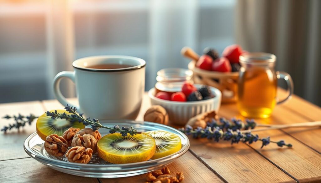 Serene still life of natural sleep-promoting foods on a wooden table, bathed in warm, golden-hour lighting. A plate of sliced kiwi, a handful of walnuts, a mug of herbal tea, and a sprig of lavender in the foreground. In the middle ground, a bowl of fresh berries and a small jar of raw honey. The background is softly blurred, hinting at a tranquil, nature-inspired setting. The overall composition evokes a sense of nourishment, relaxation, and well-being.