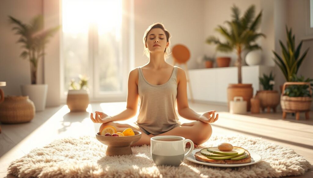 Warm morning sunlight streaming through large windows, illuminating a minimalist, airy living space. In the foreground, a person sitting cross-legged on a plush rug, eyes closed in meditation, their face serene and focused. Surrounding them, a selection of healthy breakfast items - a bowl of fresh fruit, a steaming mug of herbal tea, and a plate of whole grain toast with avocado. In the background, potted plants and natural décor elements create a tranquil, wellness-inspired atmosphere. The scene conveys a sense of balance, mindfulness, and a healthy morning routine.