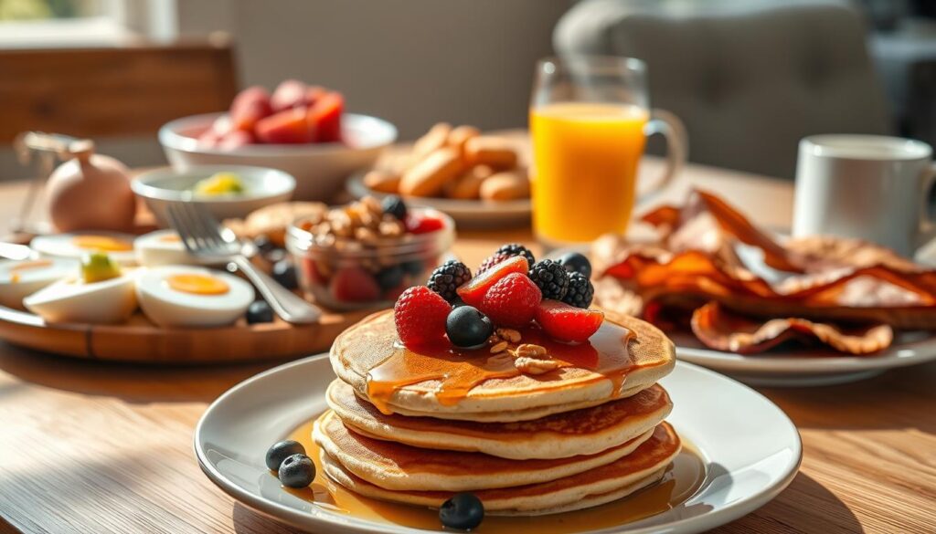 A bountiful table filled with a variety of protein-rich breakfast options, illuminated by warm, natural lighting. In the foreground, a plate showcases a stack of fluffy, golden pancakes topped with fresh berries, drizzled with honey, and accompanied by a side of crisp, savory bacon. In the middle ground, a bowl of creamy, high-protein Greek yogurt is garnished with toasted nuts and sliced kiwi, while a platter of perfectly cooked, soft-boiled eggs sits nearby. In the background, a glass of fresh-squeezed orange juice and a steaming mug of coffee complete the scene, conveying a sense of wholesome nourishment and energy-boosting goodness.