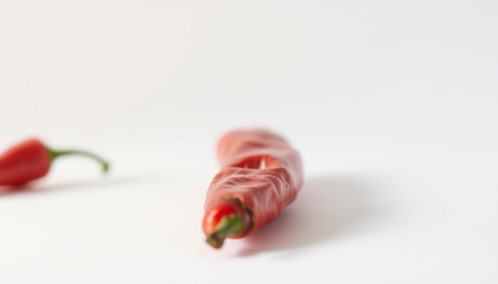 A close-up of a red cayenne pepper set against a white background, illuminated by warm, natural lighting. The pepper's surface is detailed, showcasing its wrinkled, slightly waxy texture and vibrant color. The image has a crisp, clean aesthetic, with a shallow depth of field that blurs the background, allowing the pepper to be the focal point. The lighting casts subtle shadows, enhancing the pepper's three-dimensional form and creating a sense of depth. The overall mood is one of simplicity and focus, highlighting the pepper's potential to boost metabolism through its active compounds.
