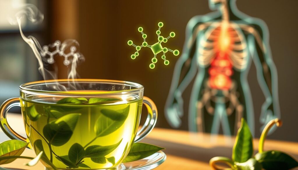 A high-resolution, detailed illustration depicting the metabolism-boosting effects of green tea extract. In the foreground, a freshly brewed cup of green tea, with delicate leaves and steam rising. In the middle ground, a transparent molecular model of a green tea catechin compound, highlighted and glowing, symbolizing its chemical activity. In the background, a stylized human silhouette, their body systems illuminated to represent the physiological processes being enhanced. Warm, natural lighting casts soft shadows, creating a serene, scientific atmosphere. The overall composition conveys the power of green tea extract to stimulate and optimize the body's metabolic functions.