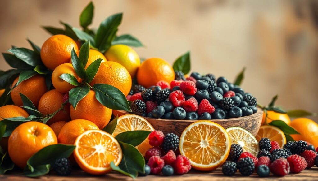 A lush and vibrant still life arrangement featuring an assortment of citrus fruits and fresh berries. In the foreground, a cluster of juicy oranges, lemons, and limes are artfully arranged, their vibrant hues contrasting with the deep green leaves that surround them. In the middle ground, an array of plump, juicy berries such as blueberries, raspberries, and blackberries spill out of a rustic wooden bowl, their jewel-toned colors adding depth and richness to the scene. The background is softly blurred, creating a sense of depth and focus on the centerpiece of the composition. The lighting is warm and natural, casting a gentle glow on the fruits and berries, highlighting their luscious textures and inviting the viewer to reach out and pluck a juicy treat. The overall mood is one of freshness, vitality, and the abundance of nature.
