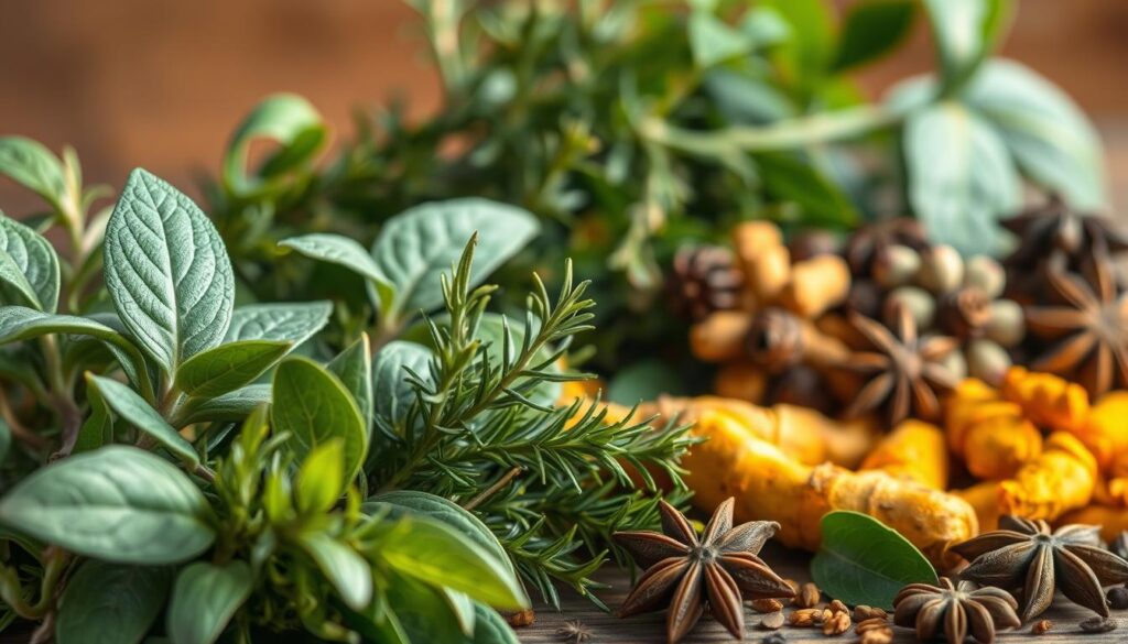 A lush and vibrant still life scene showcasing an assortment of detoxifying herbs, bathed in warm, natural lighting. In the foreground, a bundle of fresh sage, its velvety green leaves gently unfurling. Beside it, a sprig of rosemary, its needle-like fronds exuding a crisp, herbal aroma. In the middle ground, a pile of turmeric roots, their golden hues gleaming like polished jewels. Further back, clusters of dried juniper berries and a scattering of star anise, their complex flavors lending depth to the composition. The background is softly blurred, allowing the herbs to take center stage, conveying a sense of purity, vitality, and the restorative power of nature.