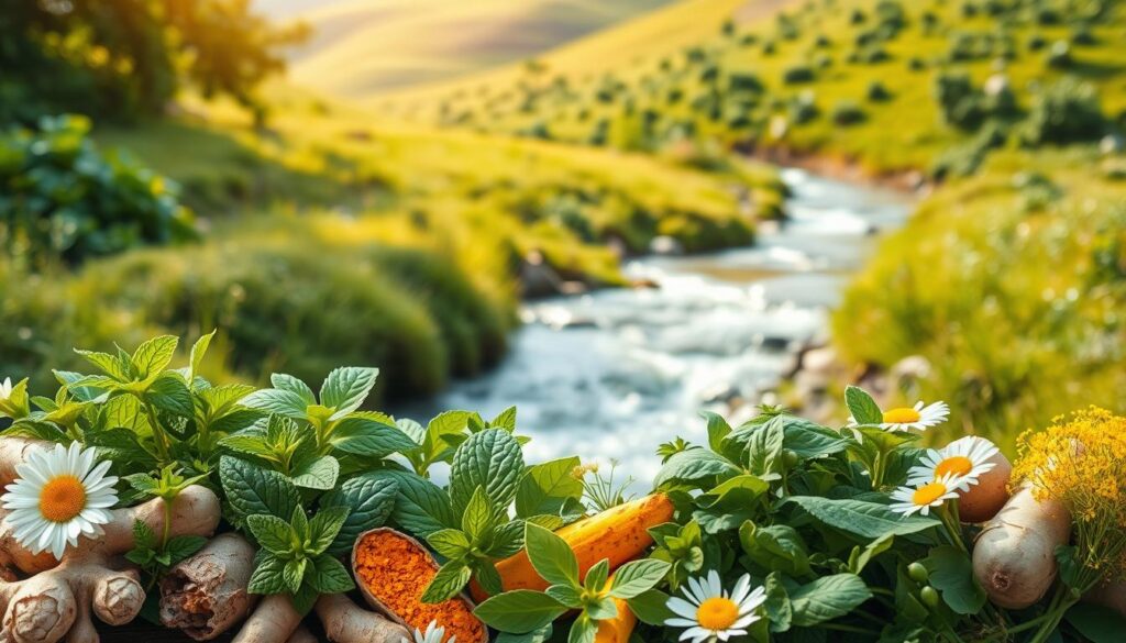 A lush, earthy scene of a natural detoxification plan showcasing an array of digestive-friendly plants. In the foreground, a neatly arranged collection of vibrant green herbs, such as peppermint, ginger, and turmeric, accompanied by soothing chamomile flowers. In the middle ground, a flowing stream of crystal-clear water winds through the verdant landscape, its gentle motion symbolizing the cleansing process. In the background, a rolling hillside is dotted with leafy greens, including kale, spinach, and dandelion, casting a serene and rejuvenating atmosphere. The lighting is soft and natural, with warm, golden tones that enhance the organic feel. The overall composition evokes a sense of balance, harmony, and the restorative power of nature's digestive-friendly plants.