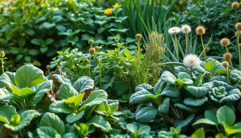 A lush, vibrant garden setting featuring an assortment of plants known for their digestive health benefits. In the foreground, a variety of leafy greens such as spinach, kale, and Swiss chard stand tall, their broad leaves glistening under soft, natural lighting. In the middle ground, clusters of soothing herbs like peppermint, ginger, and fennel sway gently, their aromatic scents filling the air. In the background, a backdrop of verdant foliage, including aloe vera and dandelion, creates a calming, serene atmosphere. The overall composition conveys a sense of balance, harmony, and the restorative power of nature's medicinal wonders.