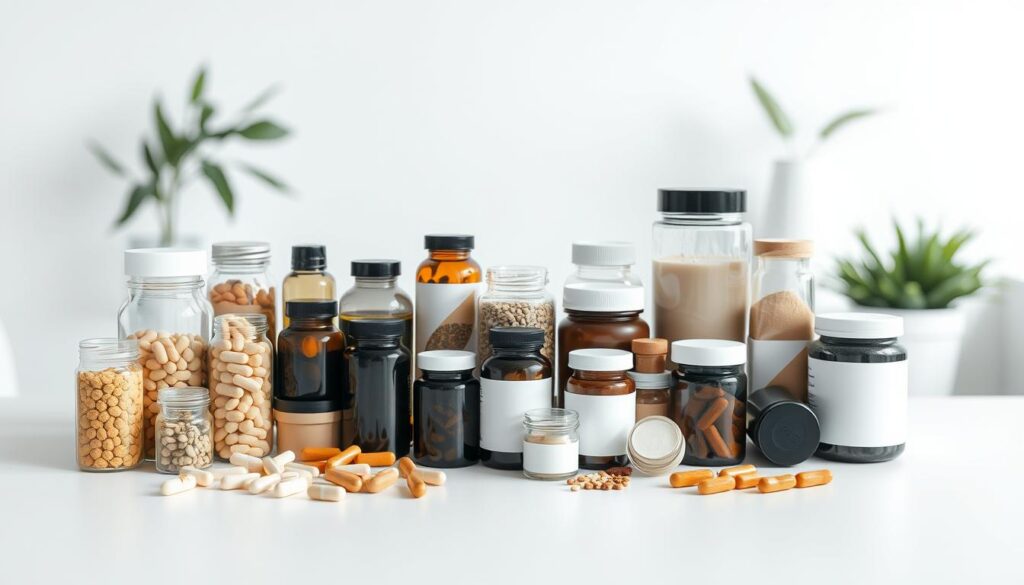 A neatly organized array of various nutritional supplements arranged on a clean, minimalist desk. The foreground features an assortment of glass bottles, pill containers, and powder canisters in muted earth tones, meticulously positioned. The middle ground showcases a sleek, monochrome desktop with clean lines, creating a sense of order and focus. The background is a softly blurred, bright, and airy workspace, emphasizing the care and deliberation behind this thoughtful supplement stack. The lighting is natural, diffused, and flattering, accentuating the textures and colors of the products. The overall mood is one of wellness, productivity, and intentionality.