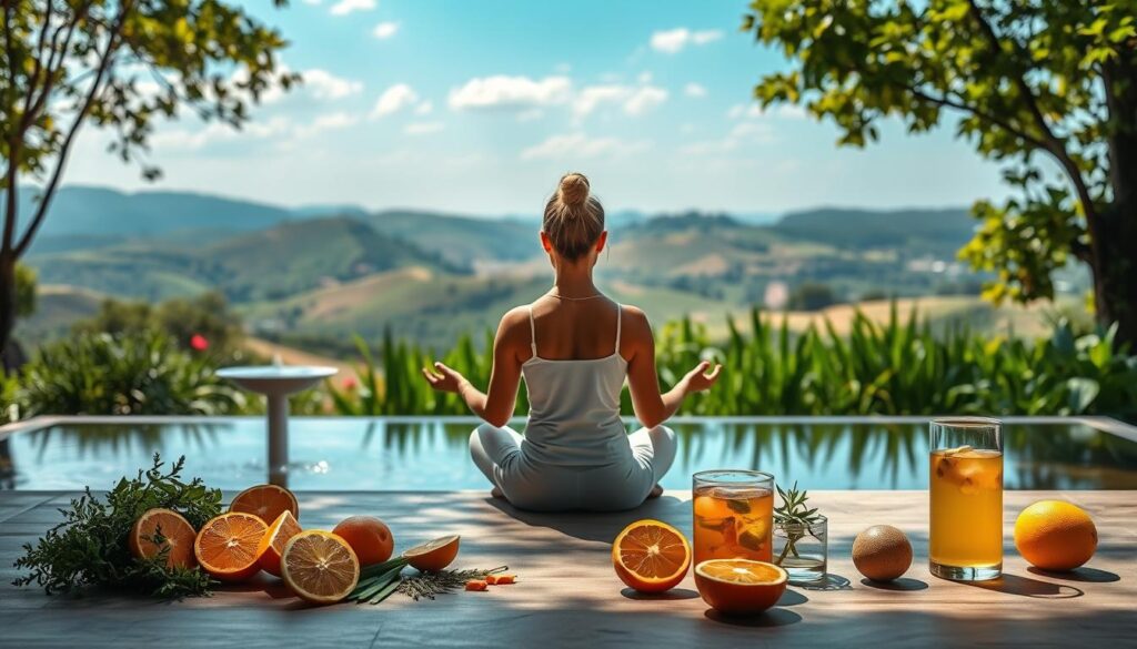 A serene and tranquil scene of a holistic detox practice. In the foreground, a person sits in a meditative lotus position, surrounded by an array of natural detox elements - freshly sliced citrus fruits, aromatic herbs, and a glass of detox elixir. The middle ground features a soothing water feature, such as a small fountain or a peaceful stream, with lush, verdant plants lining the banks. In the background, a panoramic vista of rolling hills and a clear, azure sky, conveying a sense of balance, rejuvenation, and connection with nature. The lighting is soft and diffused, creating a calming, therapeutic atmosphere. The composition is well-balanced, drawing the viewer's eye to the central figure engaged in their holistic detox practice.