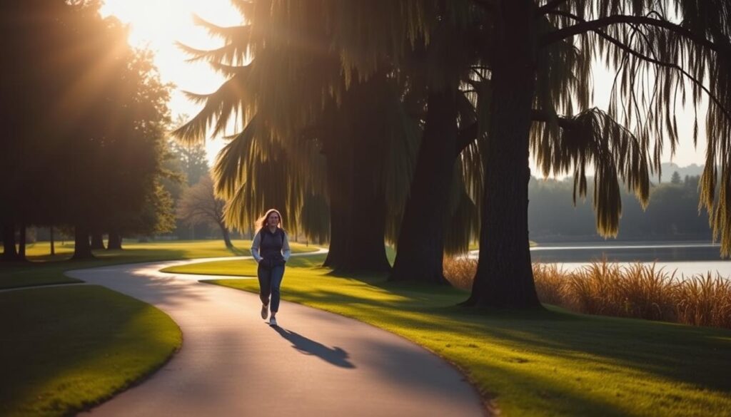 A serene morning scene of a person diligently walking along a peaceful park path, surrounded by lush greenery and a warm, golden sun. The walker is wearing comfortable, casual attire and has a relaxed, focused expression as they move at a steady, moderate pace. The path winds through the foreground, inviting the viewer to join this calming, healthful routine. In the middle ground, tall, swaying trees frame the scene, casting gentle shadows across the ground. The background features a tranquil pond or lake, its surface glistening under the soft, diffused lighting. An atmosphere of tranquility and mindfulness permeates the image, capturing the essence of a rejuvenating daily walking regimen.