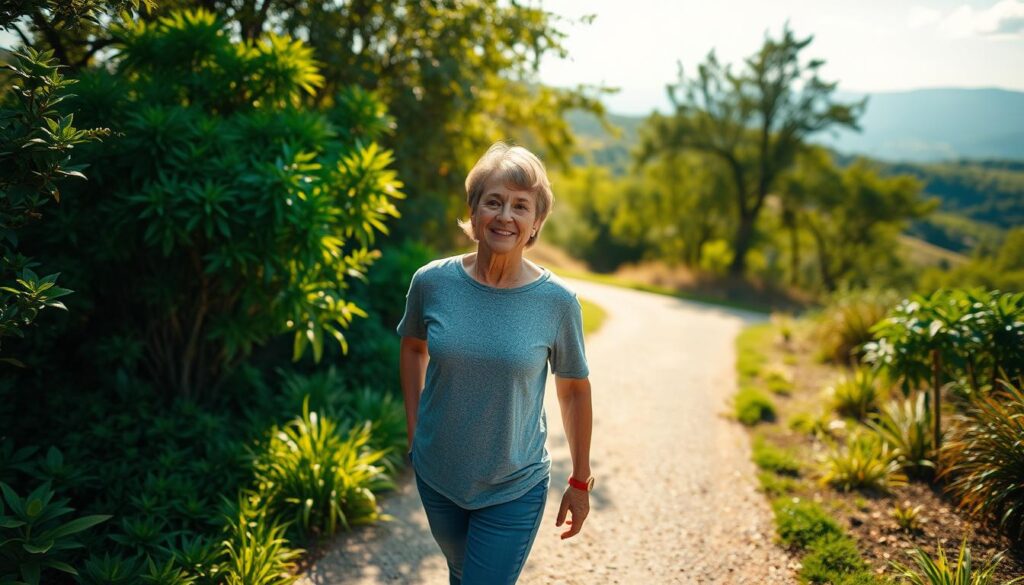 A serene outdoor scene with a person walking along a winding path, surrounded by lush green foliage and a bright, sun-dappled sky. The person's expression is one of calm and contentment, reflecting the mental health benefits of their daily walk. The foreground features the path, with detailed textures of the ground and the person's footsteps. The middle ground showcases the vibrant, varied greenery of the trees and plants, creating a sense of tranquility and natural beauty. The background features a softly blurred landscape, with distant hills or mountains, hinting at the expansive, restorative nature of the outdoors. The lighting is warm and natural, casting a gentle glow on the scene and adding to the overall sense of well-being and rejuvenation.