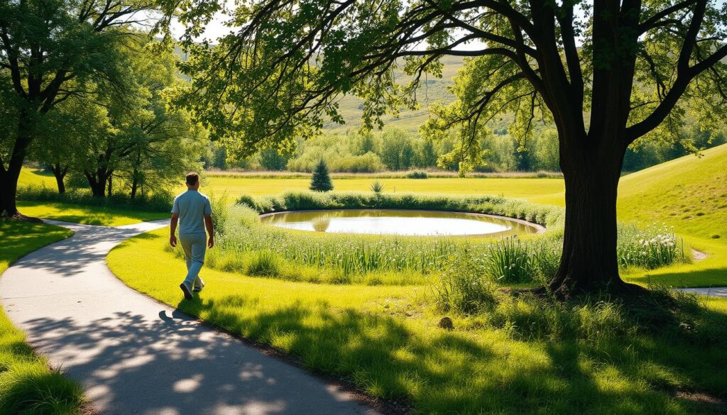 A serene outdoor scene with a person walking on a winding path through a lush, verdant landscape. The walker is dressed in comfortable, casual attire, their stride purposeful yet relaxed. Sunlight filters through the canopy of trees, casting a warm, natural glow over the scene. In the middle ground, a tranquil pond reflects the surrounding foliage, creating a sense of harmony and balance. The background features gently rolling hills, dotted with a variety of plants and flowers, conveying a sense of rejuvenation and well-being. The overall atmosphere is one of peaceful contemplation, encouraging the viewer to consider the benefits of daily walking for disease prevention.