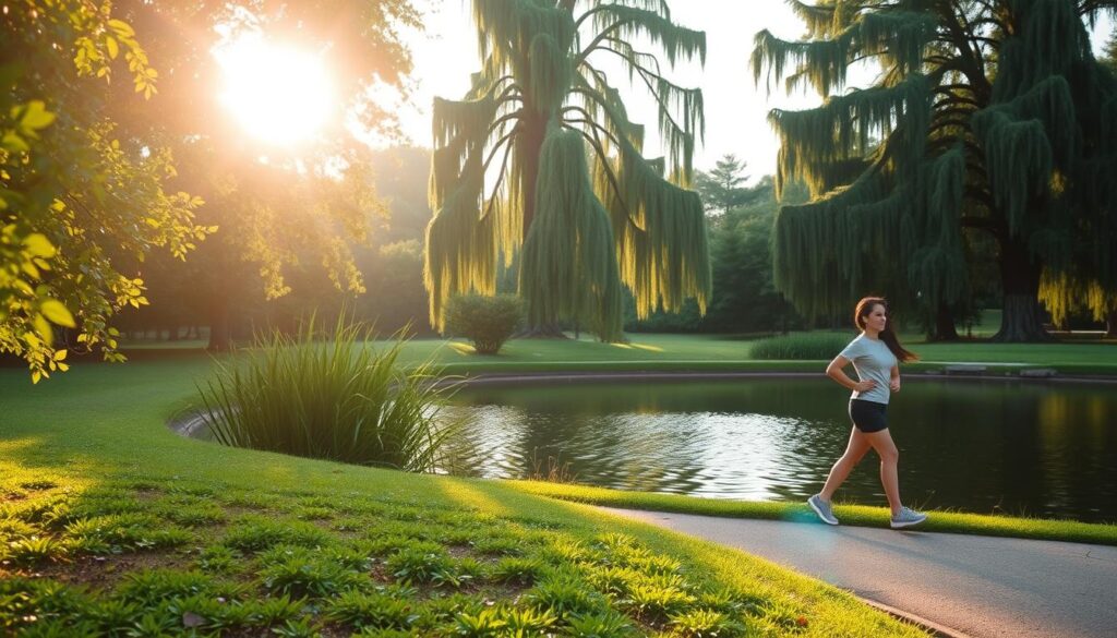 A serene park setting, the sun's warm rays filtering through the lush, verdant foliage. In the foreground, a person strolls leisurely, their stride energetic yet relaxed, enjoying the benefits of daily walking. The middle ground showcases a tranquil pond, its surface gently rippling, reflecting the surrounding nature. In the background, towering trees sway gently, creating a sense of calm and balance. The overall atmosphere is one of mindfulness, wellness, and the profound impact that a simple daily walk can have on both the body and the mind.