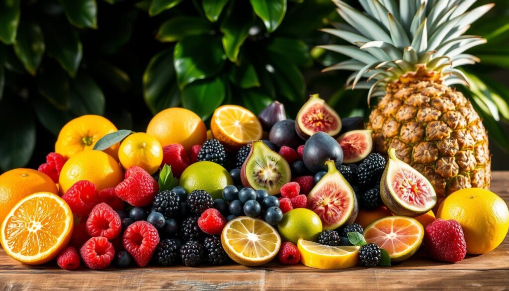 A serene still life of a variety of vibrant, fresh fruits artfully arranged on a rustic wooden table. In the foreground, a mixture of citrus fruits like oranges, lemons, and limes, alongside juicy berries such as raspberries, blueberries, and blackberries. In the middle ground, ripe figs, kiwis, and sliced pineapple, all bathed in warm, natural lighting that casts gentle shadows. The background features lush green leaves, hinting at the plants' origins. The overall composition conveys a sense of vitality, health, and digestive wellness, with the fruits' colors and textures inviting the viewer to indulge in their nourishing goodness.