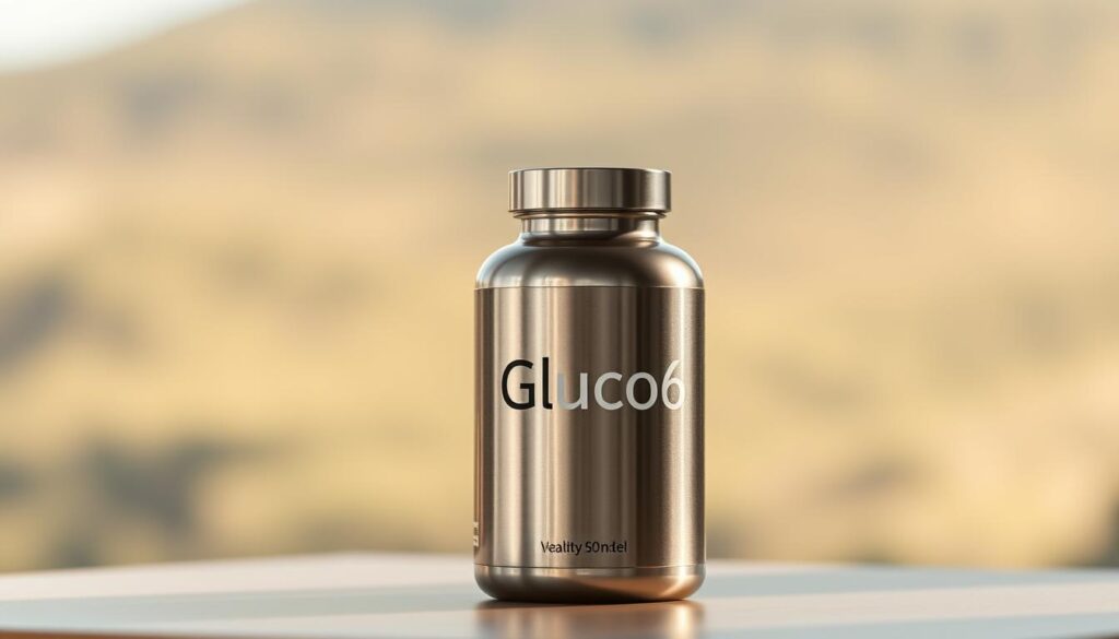 A sleek, metallic bottle of the Gluco6 weight loss supplement sits prominently in the center of the frame, illuminated by soft, natural lighting. The bottle's design is modern and minimalist, with a subtle, textured surface that reflects the light elegantly. In the background, a blurred, out-of-focus landscape suggests a serene, natural setting, hinting at the supplement's organic, plant-based ingredients. The image conveys a sense of quality, effectiveness, and purity, aligning with the supplement's claims of supporting healthy weight management.