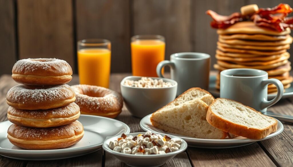 A still life scene of unhealthy breakfast foods arranged on a rustic wooden table. In the foreground, a stack of sugary doughnuts, a plate of fluffy white bread, and a bowl of sugary cereal. In the middle ground, a glass of orange juice and a steaming mug of coffee. In the background, a stack of buttery pancakes and a pile of crispy bacon. The lighting is soft and warm, creating a cozy atmosphere, but the items evoke a sense of indulgence and lack of nutritional value. The image should convey the message that these foods, while tempting, can lead to an energy crash later in the day.