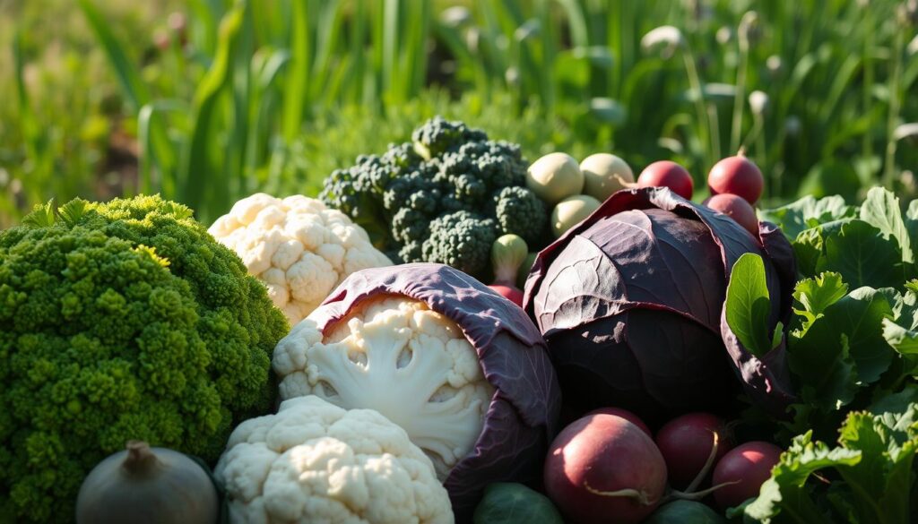 A variety of cruciferous vegetables arranged in a lush, natural setting. In the foreground, bright green broccoli florets, crisp cauliflower, and dark purple cabbage heads cast dramatic shadows under soft, warm lighting. The middle ground features vibrant kale, brussels sprouts, and radishes, while the background reveals a verdant garden landscape with tall, leafy plants. The overall composition conveys the nutrient-dense, detoxifying power of these superfoods, set against an earthy, organic atmosphere.