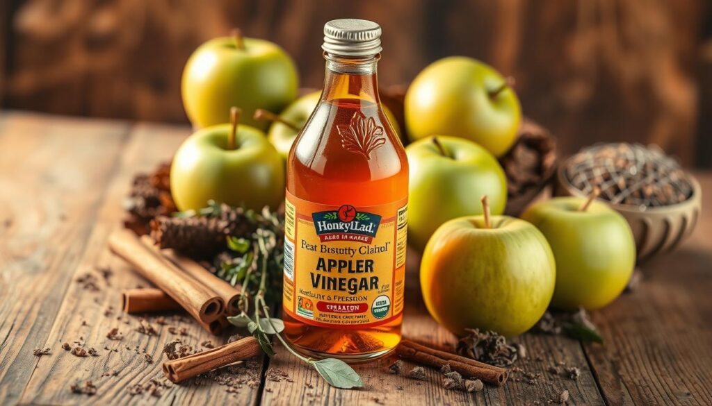 A vibrant and detailed still life scene depicting the metabolic benefits of apple cider vinegar. In the foreground, a clear glass bottle filled with the amber-colored vinegar, its label prominently featuring a leaf motif. Surrounding the bottle, an arrangement of fresh green apples, cinnamon sticks, and a sprinkle of dried herbs. The middle ground features a wooden surface with a rustic, weathered texture, bathed in warm, golden lighting. In the background, a soft, blurred backdrop of earthy tones and natural elements, evoking a sense of wellness and ancient herbal remedies. The overall composition conveys the healthful, restorative properties of this traditional metabolic-boosting supplement.