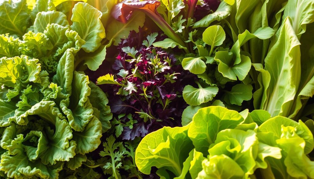 A vibrant array of leafy greens, including kale, spinach, arugula, and romaine lettuce, arranged in a lush, natural composition. Sunlight filters through the leaves, casting a warm, golden glow and highlighting the intricate textures and rich colors. The greens are freshly harvested, their leaves glistening with morning dew. The image conveys a sense of vitality, purity, and the restorative power of nature's detox powerhouses.