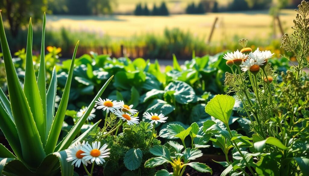 A vibrant garden scene with a variety of lush, digestive-friendly plants in the foreground. The plants include soothing aloe vera, calming chamomile, and nourishing fennel. The middle ground features a mix of leafy greens like spinach and kale, while the background showcases a gentle, sun-dappled landscape. The lighting is soft and natural, creating a serene and inviting atmosphere. The composition emphasizes the harmony and balance of these digestive-supporting botanicals, capturing their essence for everyday wellness.