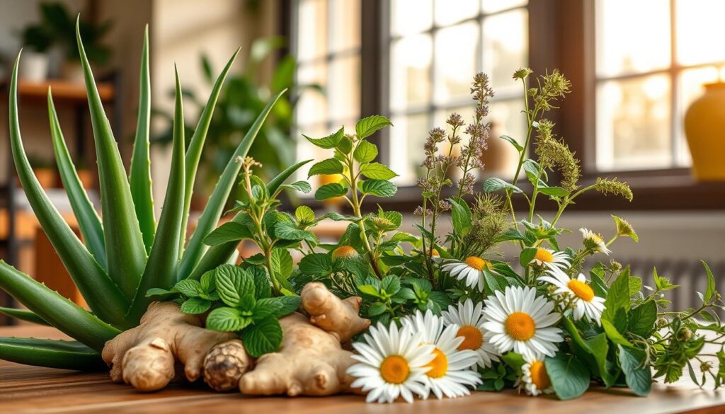 A vibrant still life composition of a variety of digestive-friendly plants arranged in the foreground, bathed in warm, natural lighting from a large window in the background. The plants include aloe vera, ginger, peppermint, fennel, and chamomile, each with their distinctive leaves, stems, and flowers. The arrangement is both aesthetically pleasing and informative, conveying the idea of using plants to support overall digestive health and wellness. The image has a calming, earthy tone, inviting the viewer to explore the therapeutic properties of these botanicals.