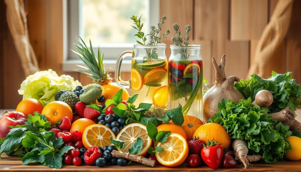 A vibrant still life showcasing an array of natural, whole foods against a warm, rustic backdrop. In the foreground, an assortment of fresh fruits and vegetables - crisp leafy greens, bright berries, juicy citrus, and earthy roots. Sunlight filters through a window, casting a soft, golden glow and highlighting the vivid colors and textures. In the middle ground, a glass pitcher filled with a refreshing, infused water blend, surrounded by sprigs of fragrant herbs. The background features a wooden table with natural fiber accents, evoking a cozy, nourishing ambiance. The overall scene radiates a sense of purity, vitality, and the healing power of nature-based detoxification.