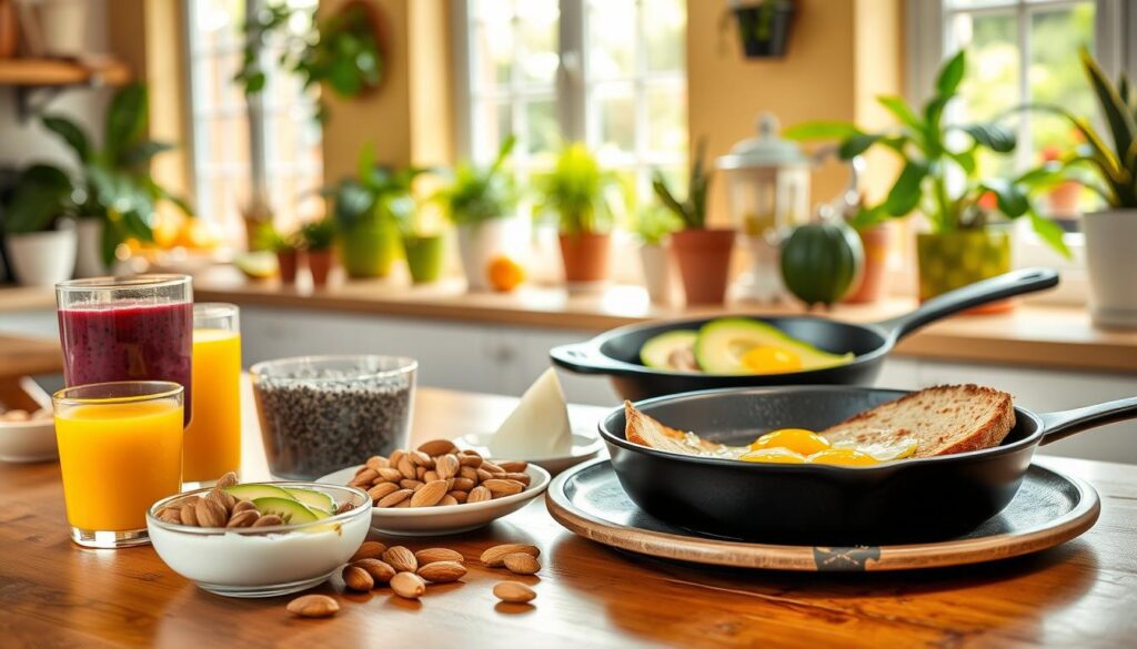 A vibrant, well-lit breakfast scene showcasing an array of energy-boosting foods. In the foreground, a wooden table is laden with various superfoods: a bowl of acai berry smoothie, a plate of chia pudding with sliced kiwi, a glass of freshly squeezed orange juice, and a handful of raw almonds. In the middle ground, a cast-iron skillet sizzles with scrambled eggs, accompanied by crispy whole-grain toast and avocado slices. The background features a sun-drenched kitchen, with lush potted plants and natural light streaming in through large windows, creating a warm, inviting atmosphere. The overall composition emphasizes the visual appeal and nutritional value of these nourishing breakfast options.