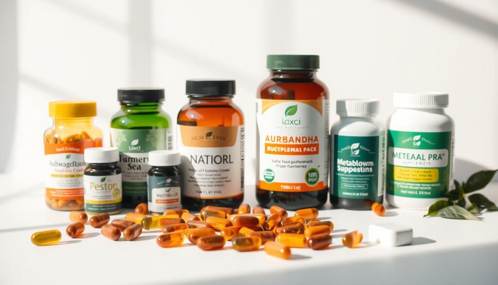 A well-lit, high-quality photograph of an assortment of natural supplement bottles and capsules arranged on a white background. The items are in focus, casting soft shadows, and illuminated by a warm, natural light source. The composition features a variety of supplements such as ashwagandha, turmeric, and green tea extract, showcasing their natural origins and potential health benefits. The overall atmosphere is clean, simple, and emphasizes the purity and effectiveness of these metabolism-boosting supplements.