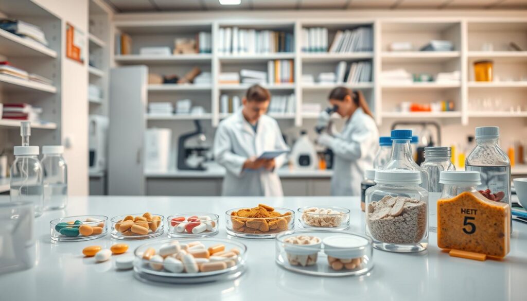 A well-lit laboratory setting with scientific instruments and equipment arranged on a sleek, modern workbench. In the foreground, various weight loss supplements, such as pills, powders, and tablets, are displayed in petri dishes or test tubes, suggesting ongoing research and analysis. The middle ground features scientists in white lab coats, carefully examining the supplements under microscopes or recording data on clipboards. The background showcases shelves of scientific journals, beakers, and other paraphernalia, creating an atmosphere of scientific rigor and evidence-based investigation. The lighting is bright and clean, casting a professional, clinical feel to the scene.