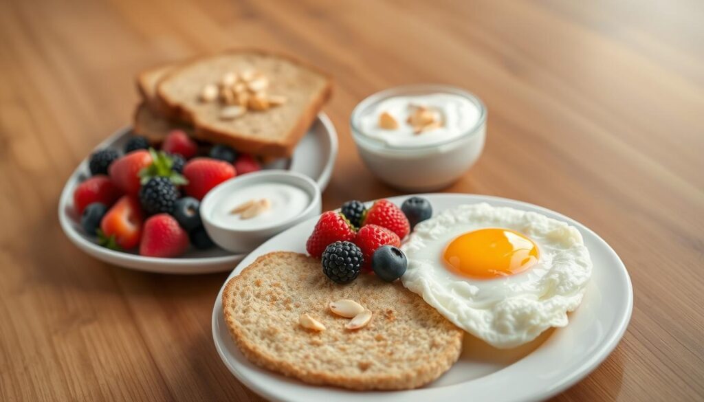 Balanced breakfast plate featuring a selection of nutrient-dense foods arranged in a visually appealing manner. In the foreground, a white ceramic plate showcases a fluffy scrambled egg, crisp slices of whole-grain toast, and a medley of colorful fresh berries. The middle ground features a small bowl of plain Greek yogurt, garnished with a sprinkle of toasted sliced almonds. In the background, a wooden table surface provides a natural, earthy backdrop, complemented by soft, diffused lighting from an overhead source, creating a warm, inviting atmosphere. The overall composition aims to inspire a sense of energy, wellness, and a balanced, healthy start to the day.