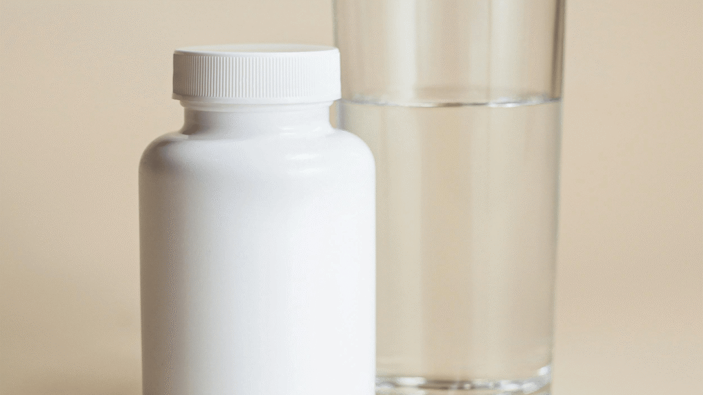 Natural supplement bottle surrounded by healthy foods on a wooden kitchen table”