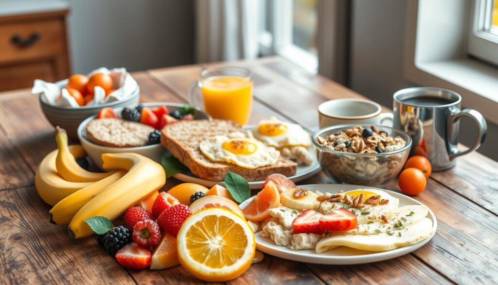 High-energy breakfast spread with vibrant, nutrient-dense ingredients on a rustic wooden table. In the foreground, an array of fresh fruits like bananas, berries, and sliced citrus. In the middle ground, whole grain toast, scrambled eggs, and a bowl of oatmeal topped with nuts and seeds. The background features a glass of freshly squeezed orange juice and a steaming mug of coffee. Soft, natural lighting filters through a window, creating a warm, inviting atmosphere. The composition is balanced and visually appealing, showcasing a selection of quick, easy, and nourishing breakfast options.