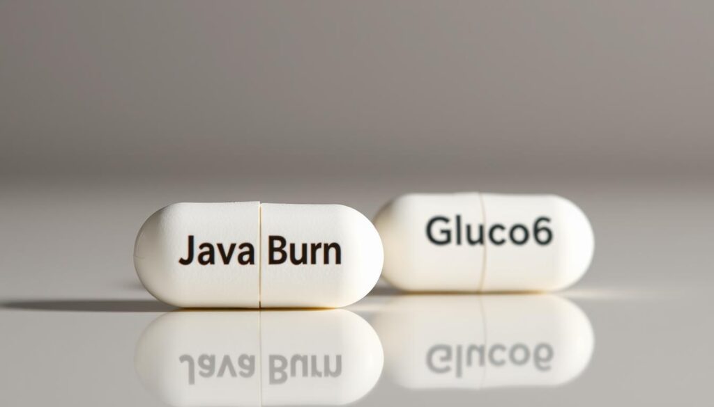 Two pharmaceutical pills, one labeled "Java Burn" and the other "Gluco6", resting on a clean, reflective surface. The pills are captured in a high-resolution, close-up shot using a macro lens, with soft, even lighting from the side to highlight their details. The background is blurred and muted, keeping the focus solely on the two supplements. The overall composition conveys a sense of comparison and clinical analysis, inviting the viewer to closely examine and contrast the side effects and safety profiles of the two products.
