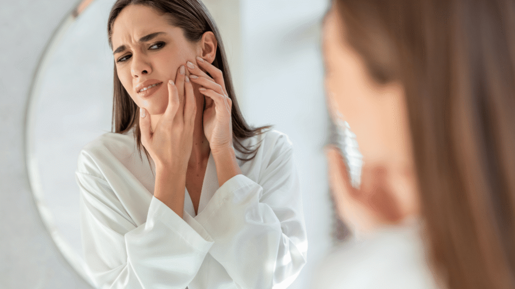 "Woman looking at her skin in the mirror, symbolizing concern about acne during detox.
