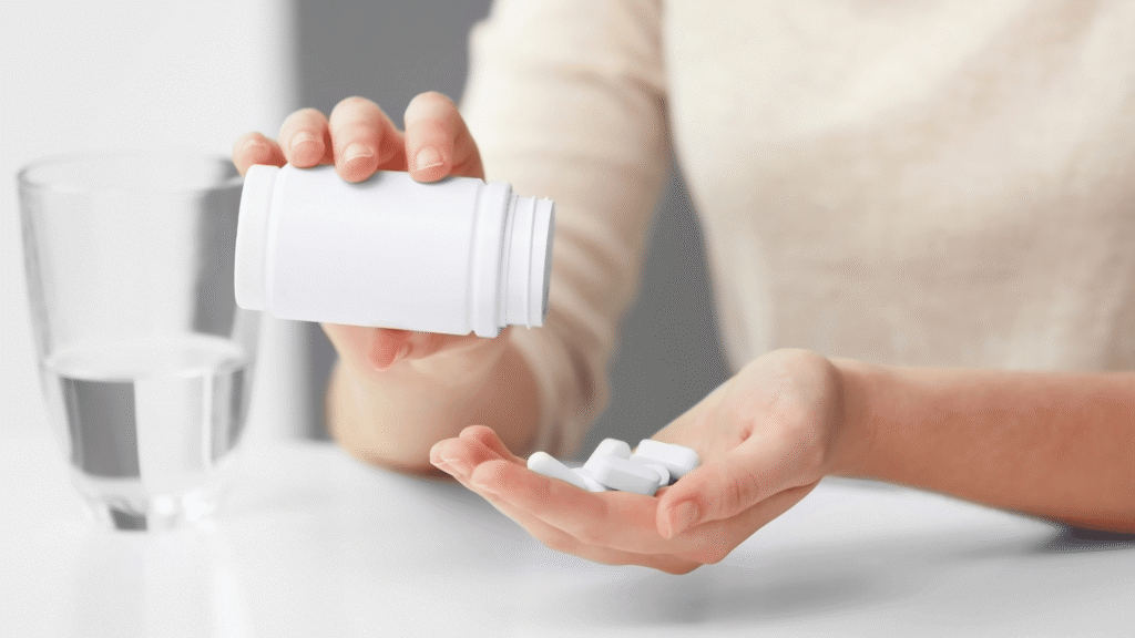 Person holding a capsule and a glass of water, illustrating the daily use of a supplement like HepatoBurn.