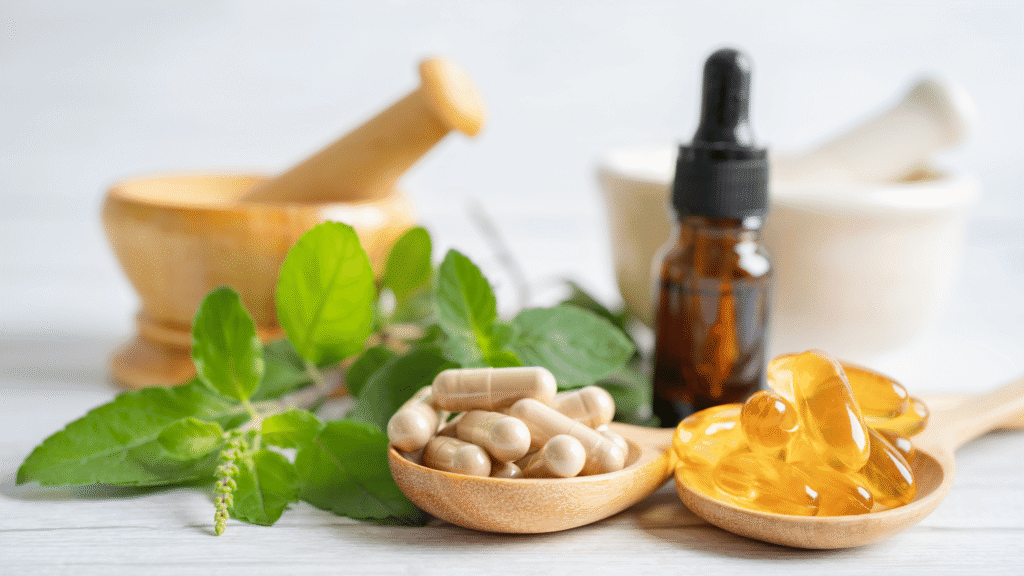 Neutral photo of an unbranded natural supplement bottle surrounded by detox herbs like turmeric and beetroot.