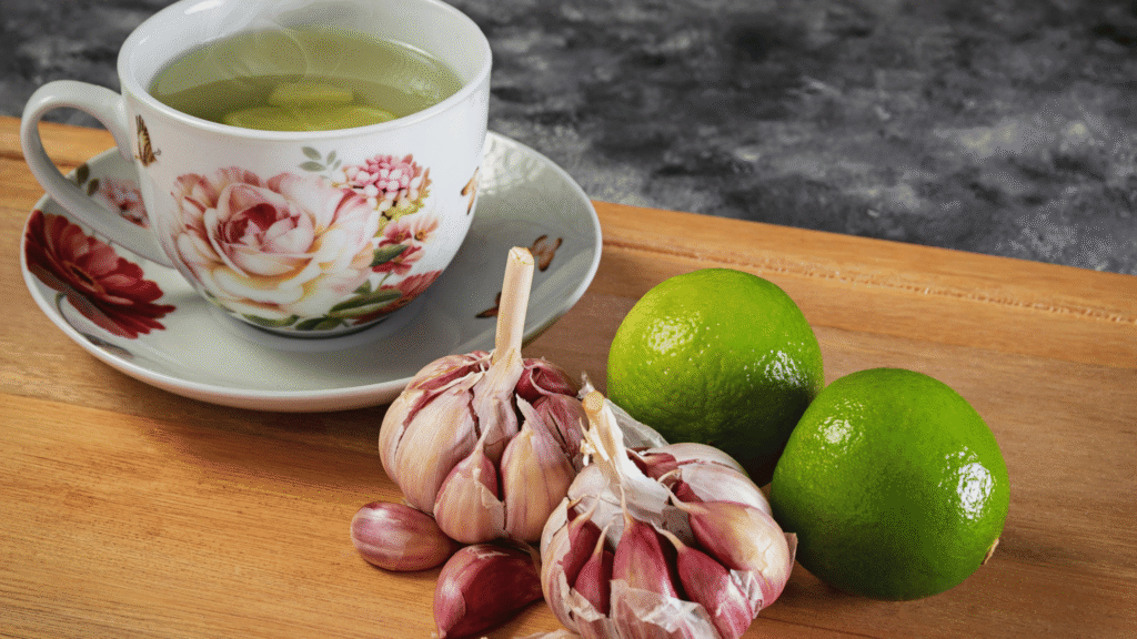 Garlic, lemon, turmeric, and avocado shown with labeled benefits for liver detoxification