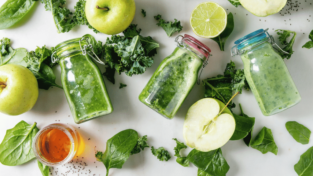 Ingredients for green detox juice including cucumber, spinach, and lemon on white surface